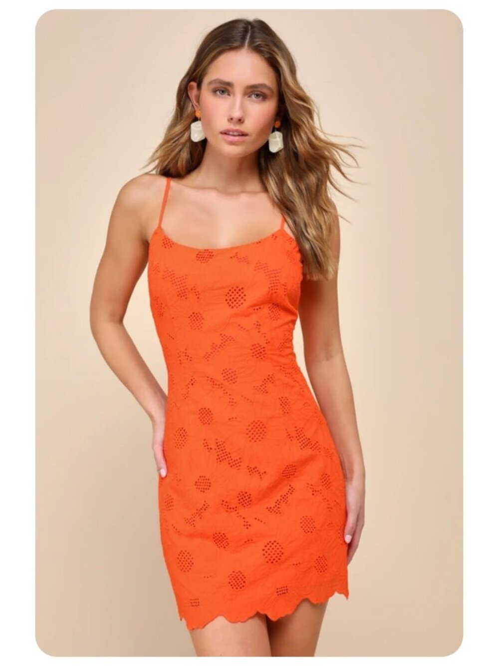 Lulus Orange Sunny Glow Embroidered Floral Spaghetti Strap Sleeveless Mini Dress